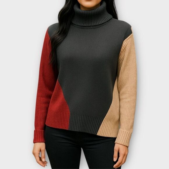 Jones New York Sweaters - Jones New York Womens Grey, Red and Tan Colorblock Turtleneck Sweater Size S
